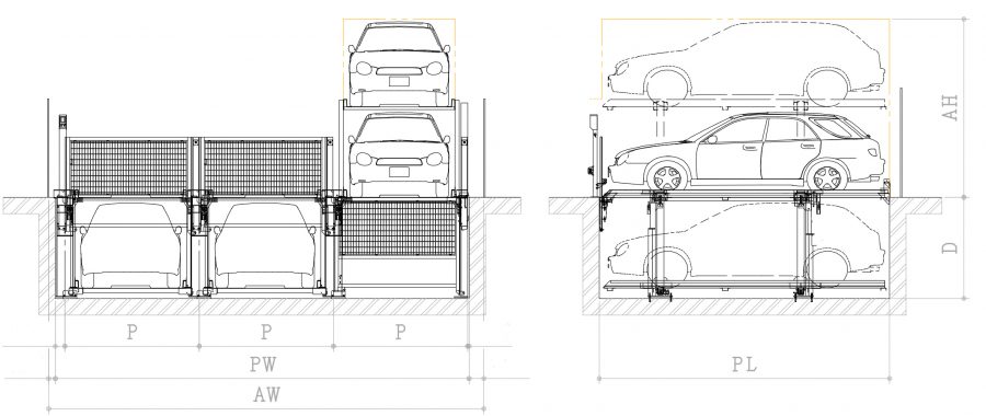 昇降ピット式機械式駐車装置ファムパークFP-P2概略図~地下1階車両入出庫時