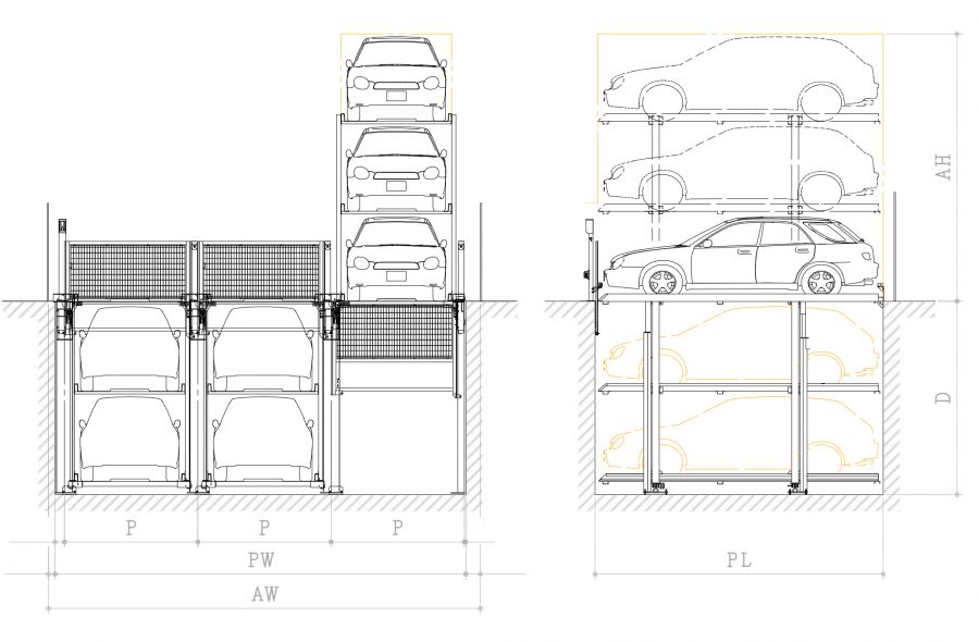 昇降ピット式機械式駐車装置ファムパークFP-P3概略図~地下2階車両入出庫時